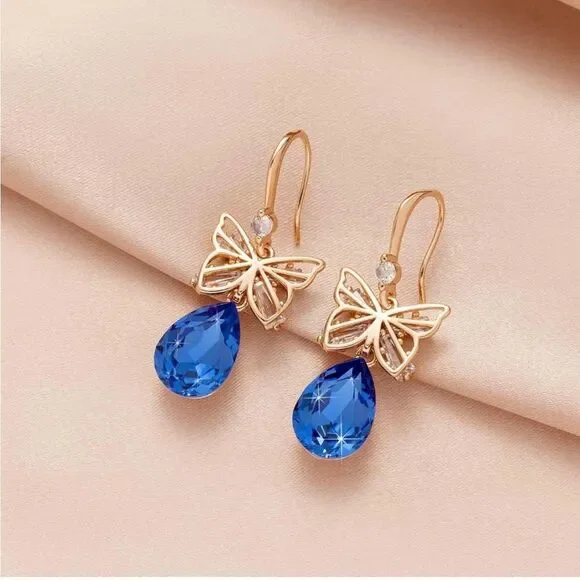 14K Rose Gold with Bermuda Blue Austrian Crystal Butterfly Teardrop Earrings